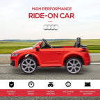 Red kids Audi TT RS Roadster ride-on car with black wheels and black padded seats