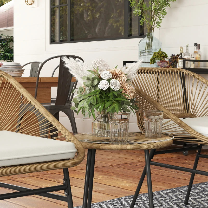 Woven rattan bistro set with two chairs and round glass top side table