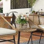 Woven rattan bistro set with two chairs and round glass top side table
