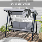 Grey three-seat swing chair with adjustable canopy and powder-coated steel frame