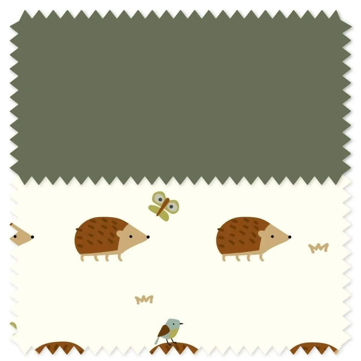 Light fabric swatch with hedgehog and bird prints, zigzag edge