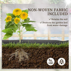 Wood raised garden planter bed with included non-woven fabric over soil and greenery