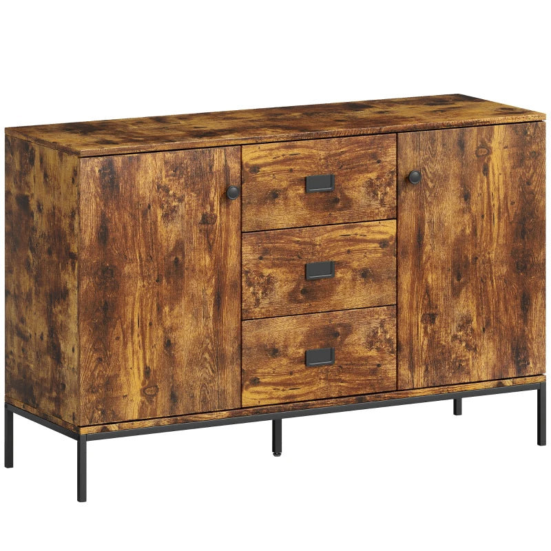 Rustic brown sideboard cabinet with two doors, three drawers, and dark metal legs