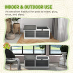 Dark grey wooden pet reptile shelter with two front doors and open wire-mesh top