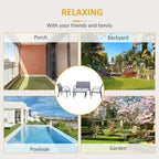 Charcoal grey outdoor patio seating set with bench, arm chairs, and coffee table