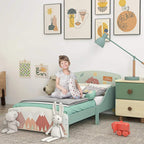 Green kids bed frame with slatted mattress base and animal-themed headboard panel