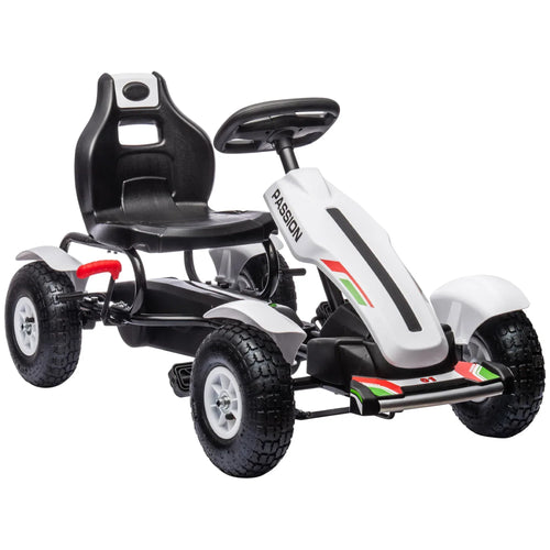 White kids pedal go-kart with black seat, steering wheel, and large inflatable rubber tires