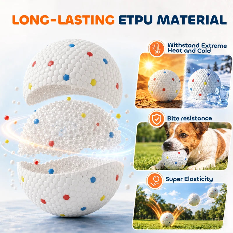 White textured teething dog ball with colorful cube and dot pattern