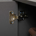 Dark grey cabinet door hinge hardware with blue fasteners