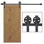 Brown wooden sliding door with black barn door track kit and twin rollers