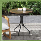 Brown round slatted garden table with galvanized steel-look frame and protective foot pads.
