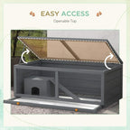 Grey wooden hamster cage with openable top and internal hut plus ramp