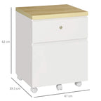 White two-drawer filing cabinet on casters with wood-look top; lock knob centered.