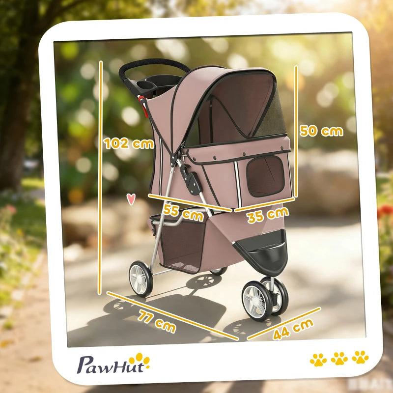 Brown 3-wheel pet stroller with enclosed seat, canopy, and front and rear wheels