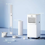 White portable air conditioner with exhaust hose, drain tank, and window vent kit