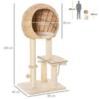 Beige cat tree activity center with round woven condo and stacked platforms