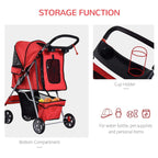 Red dog stroller with rain cover; cup holder and bottom storage compartment