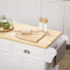 White kitchen cart with rubber wood top and side towel holder, ready for counter use