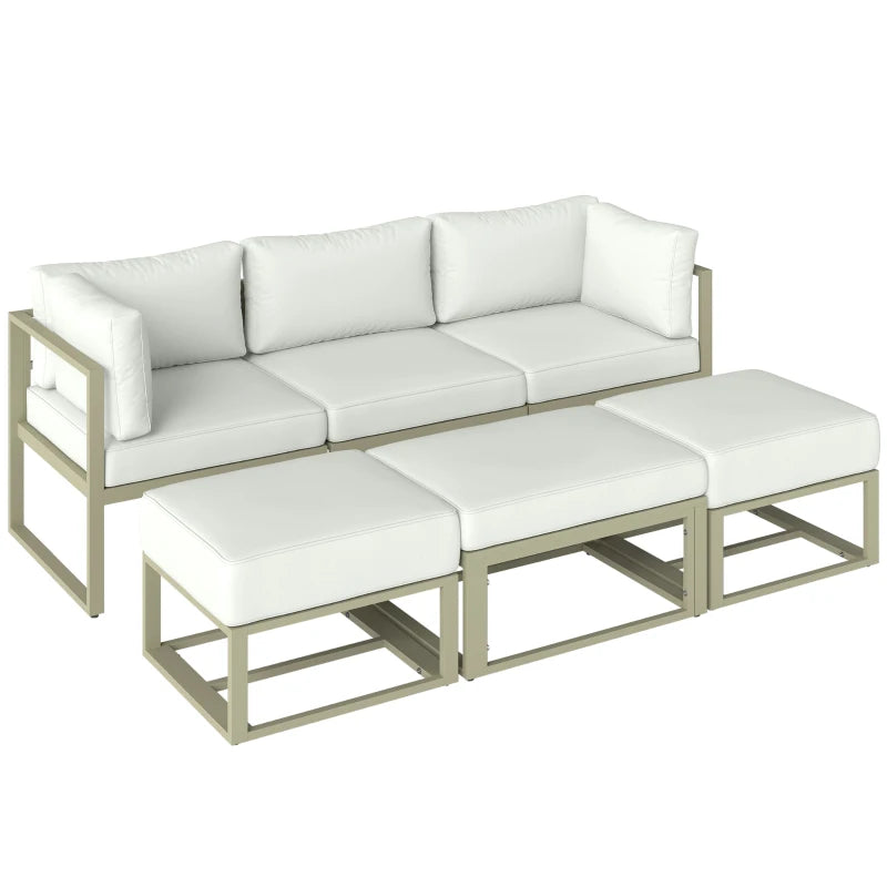 Cream outdoor sectional daybed sofa set with tufted back cushions and matching ottoman