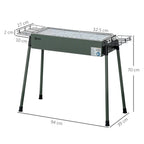 Green charcoal BBQ grill with metal cooking grate and four legs, shown with dimensions