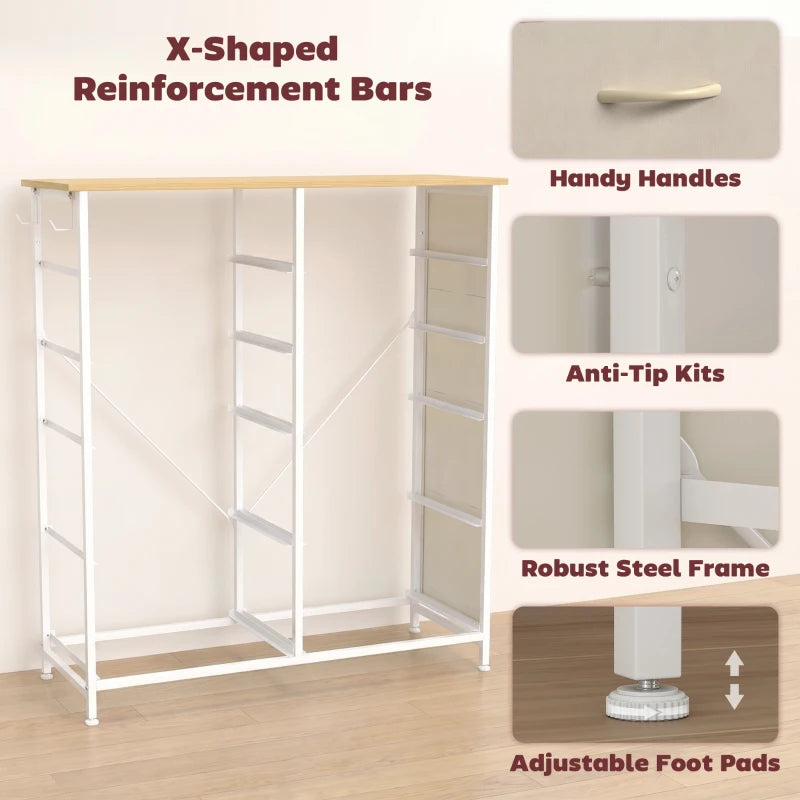 Beige fabric drawer dresser with X-shaped reinforcement bars and adjustable foot pads