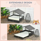 Extendable dark rattan-style dog bed with roof and removable cream cushion