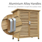 Natural wood shed with aluminium-style alloy handles on double shutter doors