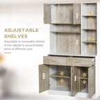 Natural wood sideboard cabinet showing open compartments with adjustable shelves and drawers