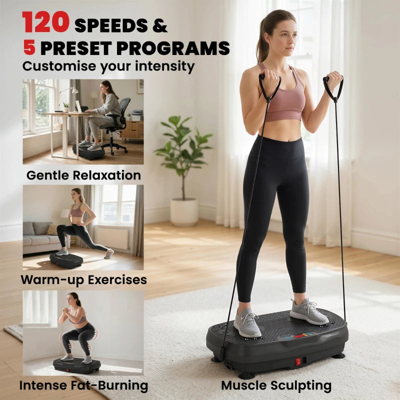 Black vibration plate exerciser with resistance bands and standing person