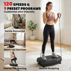 Black vibration plate exerciser with resistance bands and standing person
