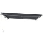 Grey retractable awning cassette housing with extended canopy and side brackets