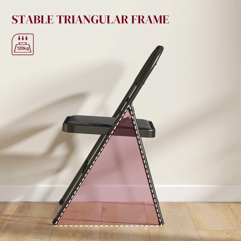 Black folding chair with padded seat and back, triangular stable frame supports