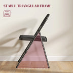 Black folding chair with padded seat and back, triangular stable frame supports