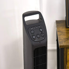 Black tower fan control panel with buttons and front grille