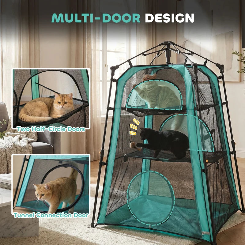 Teal and black multi-door cat tent with front mesh and side tunnel connection door