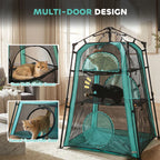 Teal and black multi-door cat tent with front mesh and side tunnel connection door