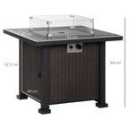 Black square fire pit table with glass wind screen and woven rattan-style panels