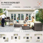 Eight-piece brown rattan sofa set with white cushions, lime pillows, glass-top table, footstool