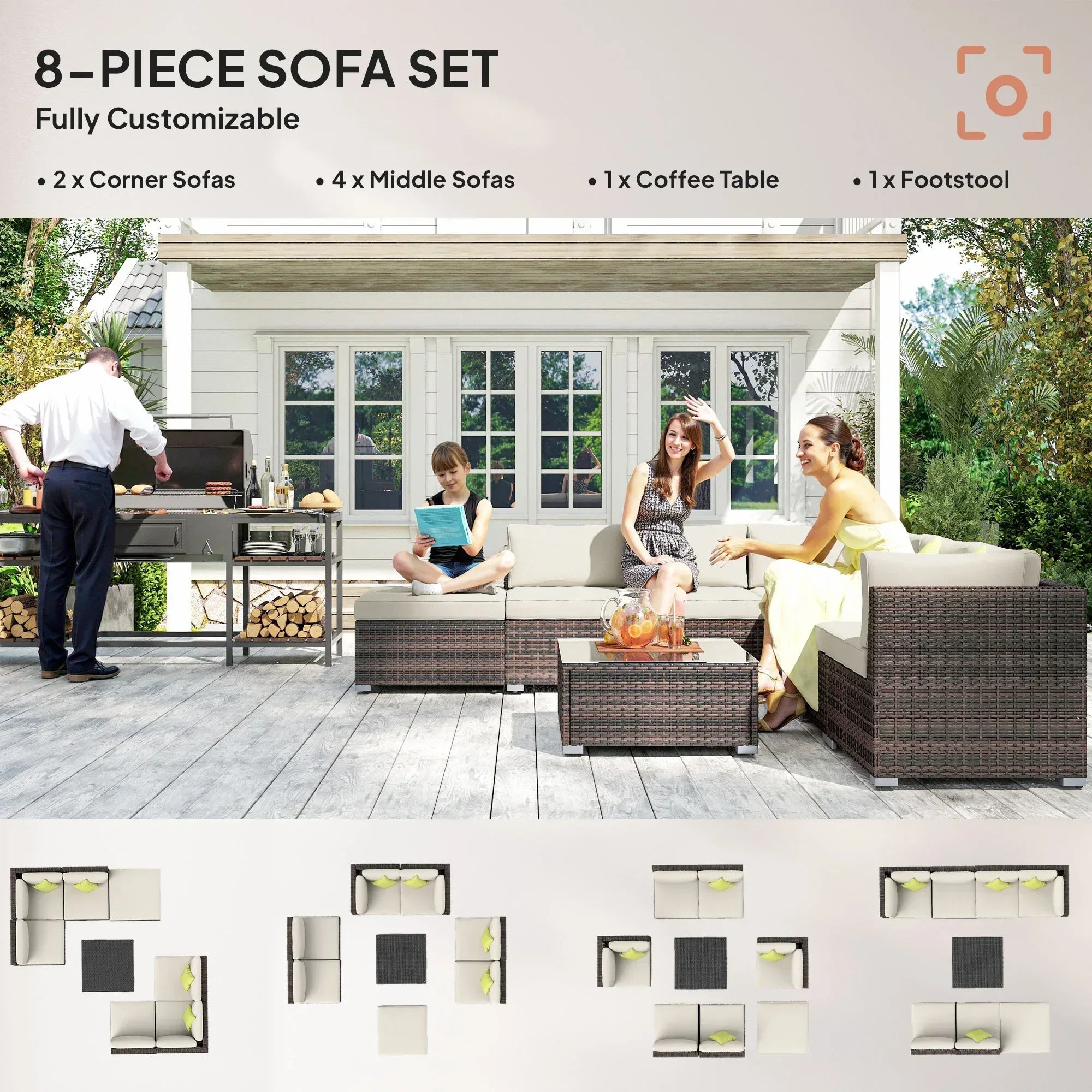 8 Piece Rattan Corner Sofa Set with Wide & Deep Seat, Assembled Aluminium PE Rattan Garden Furniture Set with Thick Cushions and Glass Top Table for Outdoor, Conservatory, Mixed Brown - Bobobiy