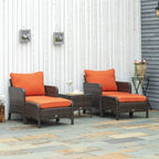 Brown PE rattan outdoor seating set with two armchairs, two stools, and glass-top table