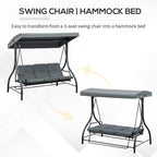 3-seat canopy swing chair with dark grey seat cushions and matching canopy top