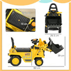 Yellow and black ride-on bulldozer toy with front bucket and backrest
