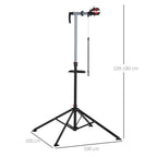 Black height-adjustable folding bicycle repair stand with clamp and tripod legs