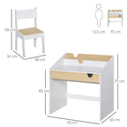 White kids desk and chair set shown with light wood writing surface and drawer