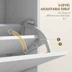 White shoe cabinet interior showing adjustable flip shelf levels and gold handle accents
