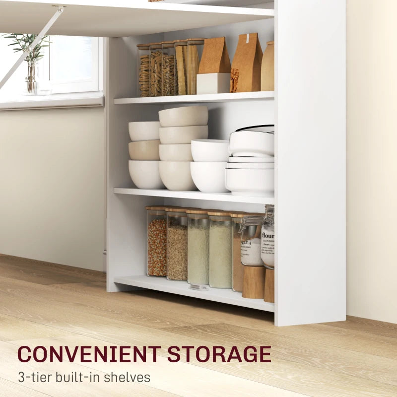 White drop-leaf dining table with open multi-tier shelves, storage close-up on base