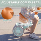 Adjustable padded PU seat on green toddler balance bike with four light-up EVA wheels