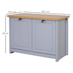 Grey shoe cabinet bench with two recessed doors and oak wood tabletop, metal handles