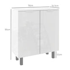 White shoe storage cabinet with two doors and base feet, showing overall dimensions