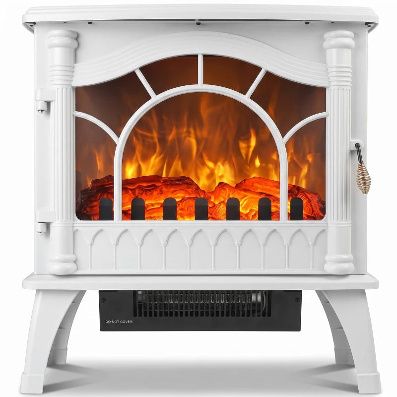 White freestanding electric fireplace stove with 3-sided glass and flame effect